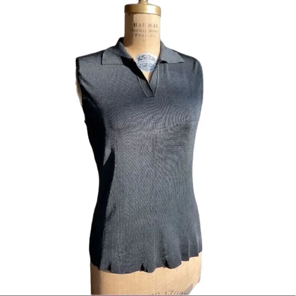 Shimmery Black Fine Knit Sleeveless Polo